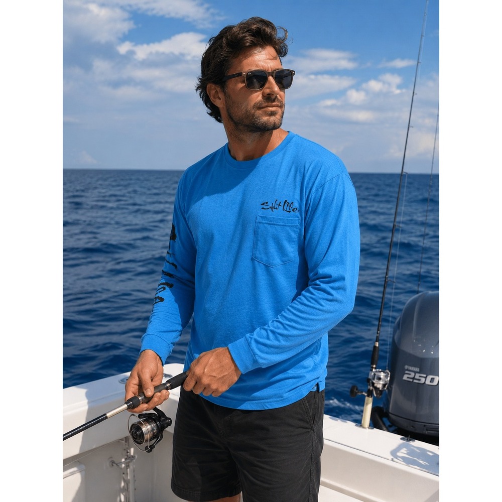 Salt Life Medium Long Sleeve T-Shirt‎ Blue Ghost Shipwreck Pocket Graphic #1197